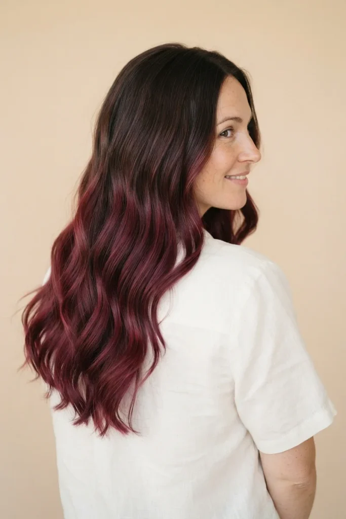 Woman with long wavy dark brown hair blending into burgundy balayage ends, seen from behind