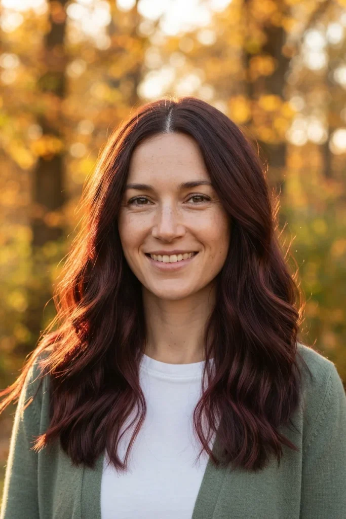 Woman with long burgundy brown hair that looks brown in shade and glows wine-red in autumn sunlight