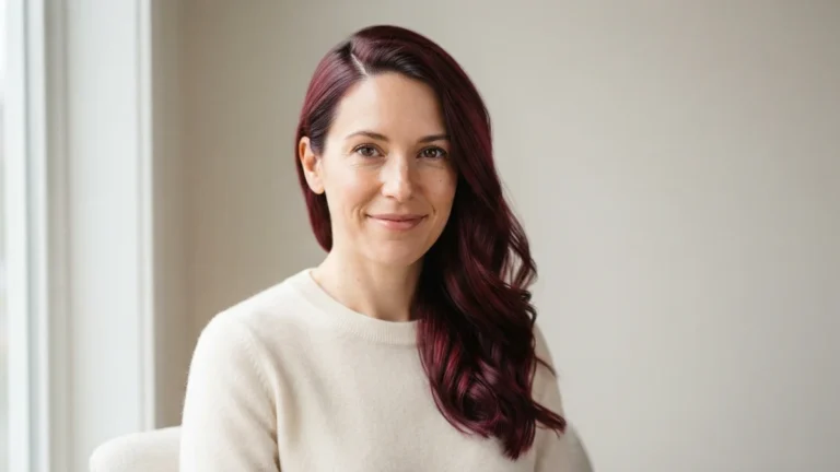 Woman with glossy classic burgundy hair in loose waves over one shoulder, wearing a cream sweater in soft window light