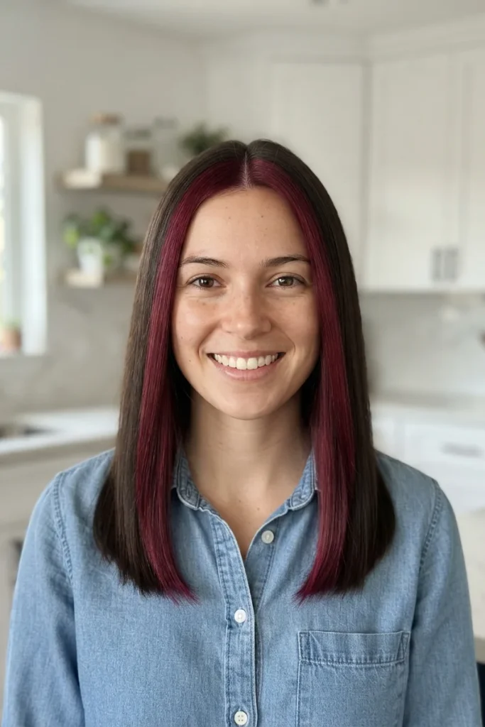 Woman with dark brown hair and a burgundy money piece framing her face, smiling in a bright kitchen