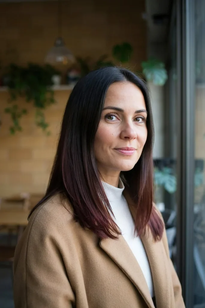 Woman with dark brown roots melting into burgundy ends on straight shoulder-length hair, standing in a cafe
