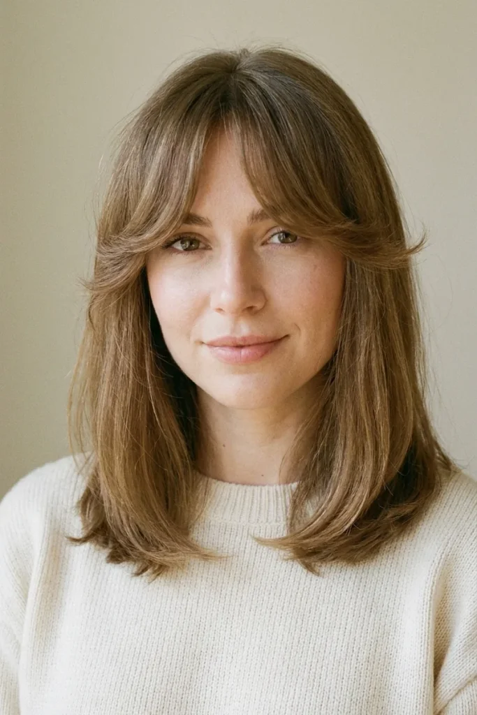 Woman with shoulder-length light brown hair and classic curtain bangs, shortest at the bridge of the nose and sweeping out to the cheekbones