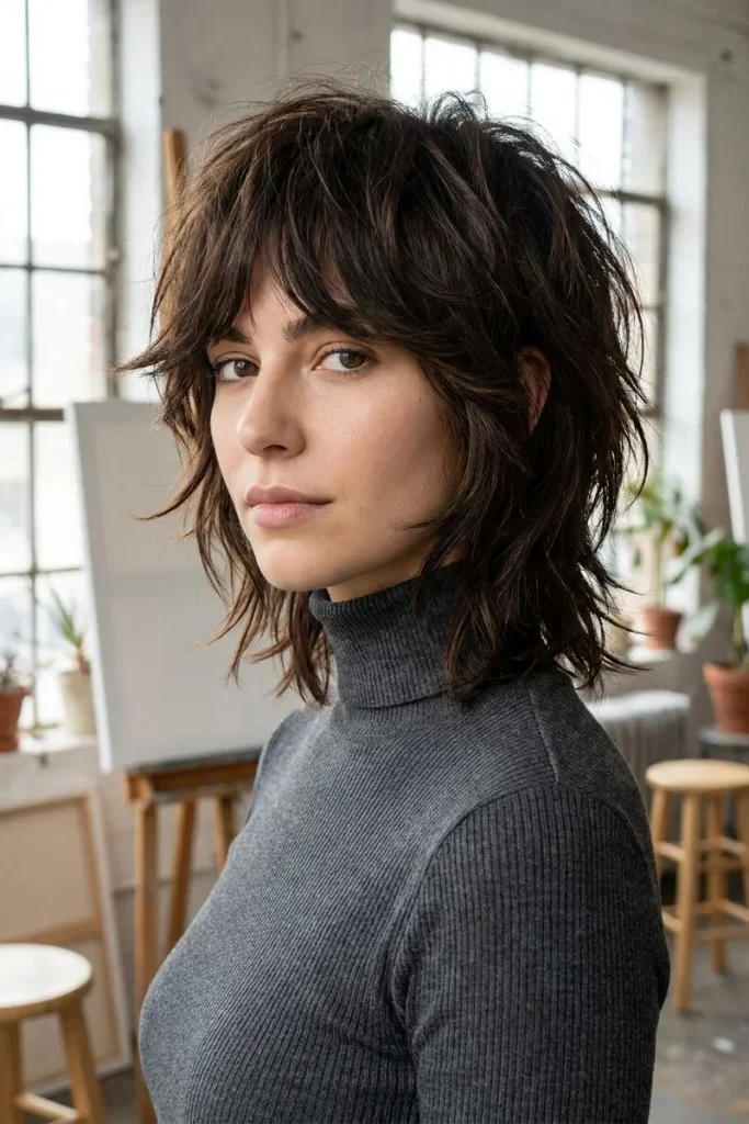 Woman with thick dark brown hair in a choppy razor-cut wolf cut with piecey pointed ends, crown texture and wispy bangs