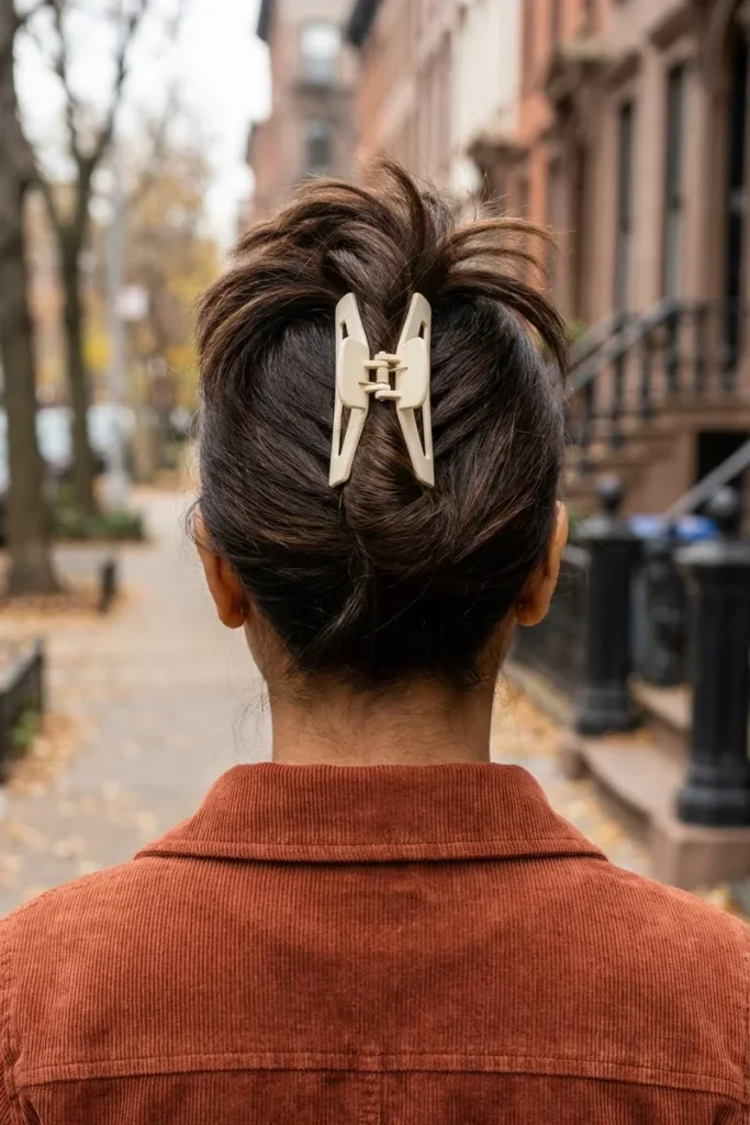 Fanned-top claw clip twist on shoulder-length dark brown hair with a cream claw clip
