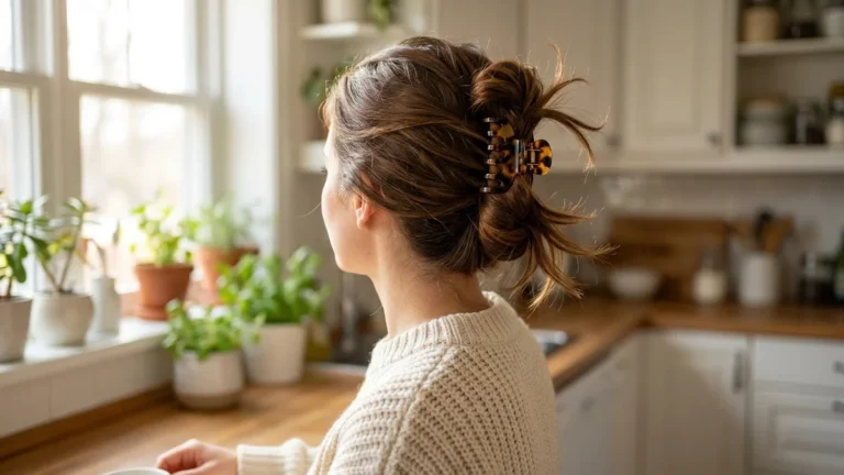 Claw clip hairstyles: messy twist held with a tortoiseshell claw clip, ends fanned out on top