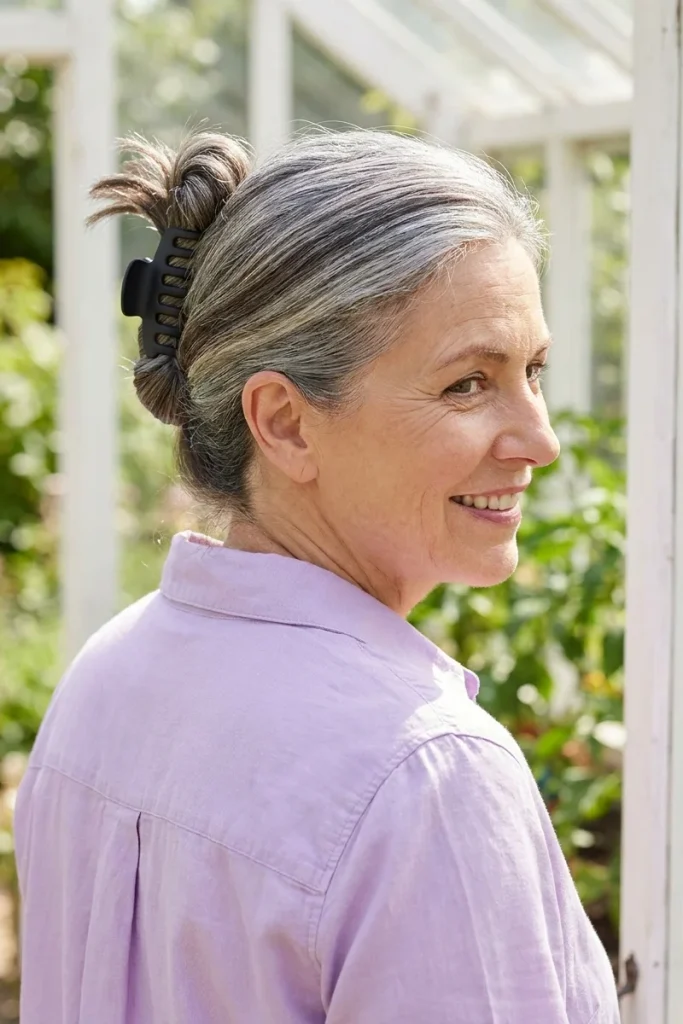 Smiling woman in her 60s with steel-gray hair twisted up and held with a black claw clip, seen from behind in a greenhouse
