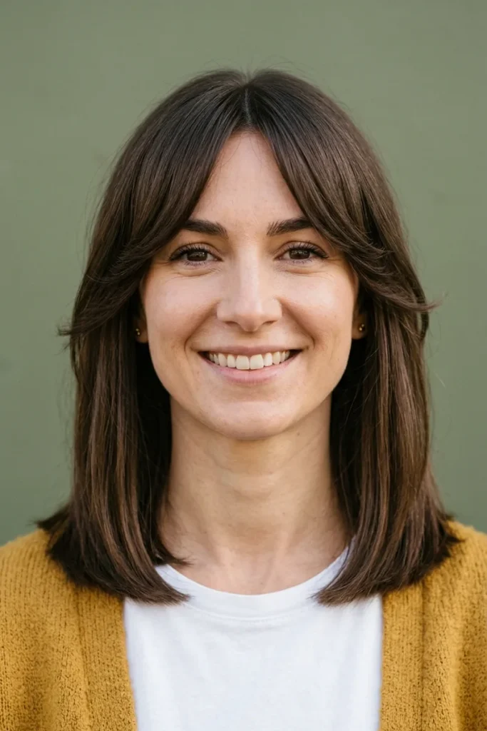 Woman with fine dark brown hair cut to the collarbone with center-parted curtain bangs sweeping open to the cheekbones