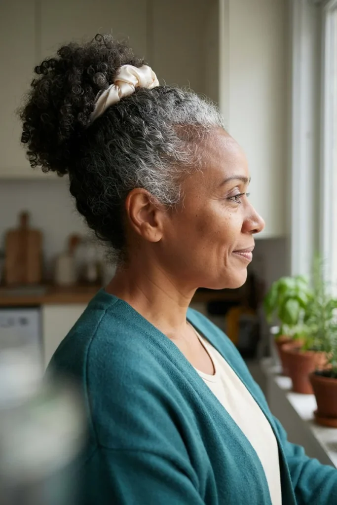 Side profile of a woman with natural salt-and-pepper coily hair gathered into a high puff with a large ivory satin scrunchie, soft natural hairline
