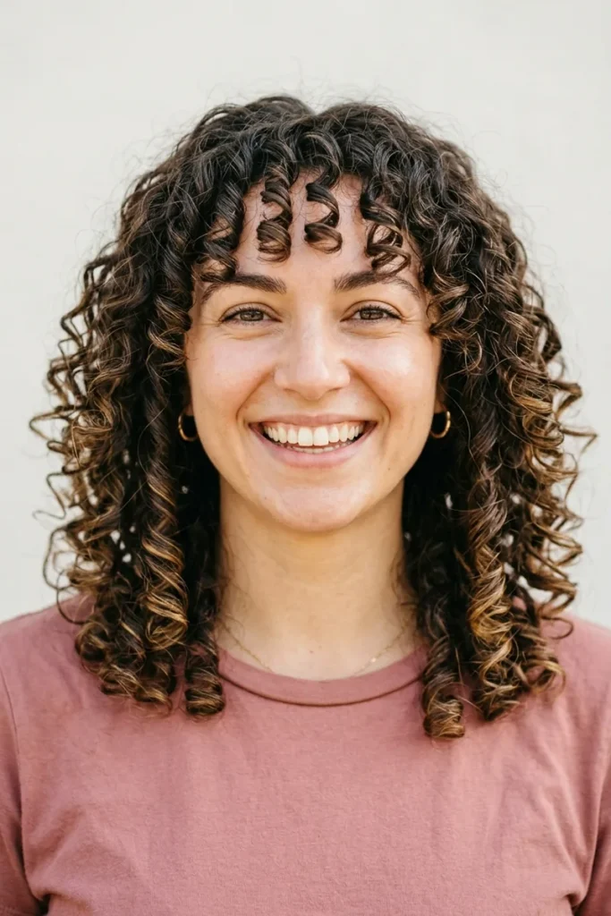 Smiling woman with defined dark brown curls with golden ends and curly curtain bangs parted in the center, framing her eyes