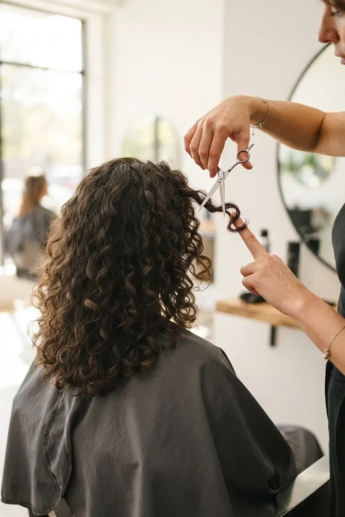 Stylist lifting a single dry curl on her finger and trimming just its tip, cutting curly hair curl by curl in a bright salon