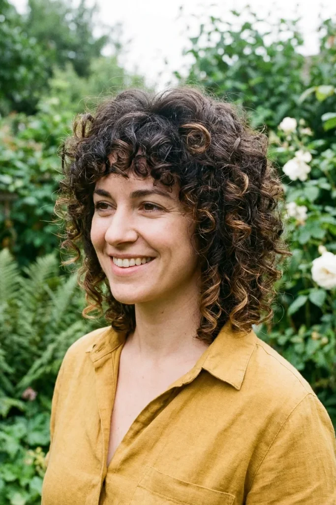 Woman with dark brown curly hair in a short curly wolf cut with curly bangs, a lifted layered crown and curls ending above the shoulders