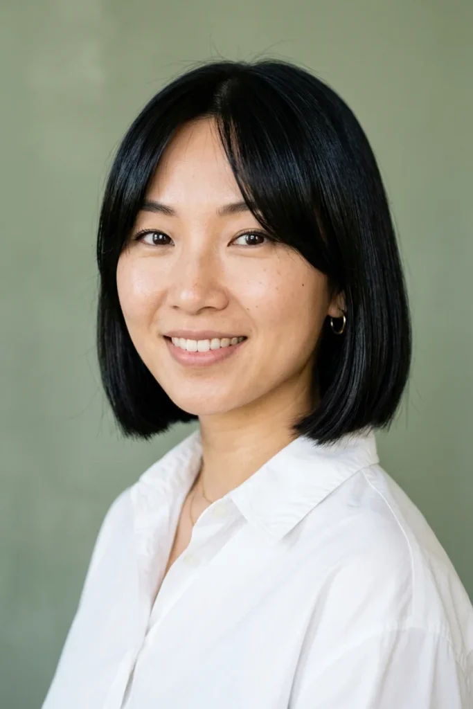 Smiling woman with a sleek chin-length black bob and soft curtain bangs sweeping out to the cheekbones