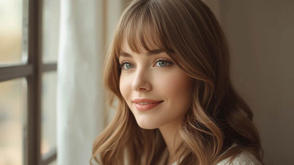 Woman with light brown wavy hair and soft curtain bangs parted in the center, smiling by a sunlit window