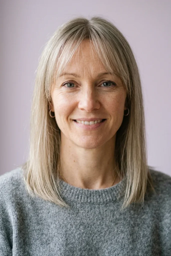 Smiling woman with fine, straight ash blonde hair and wispy, sheer curtain bangs parted in the center