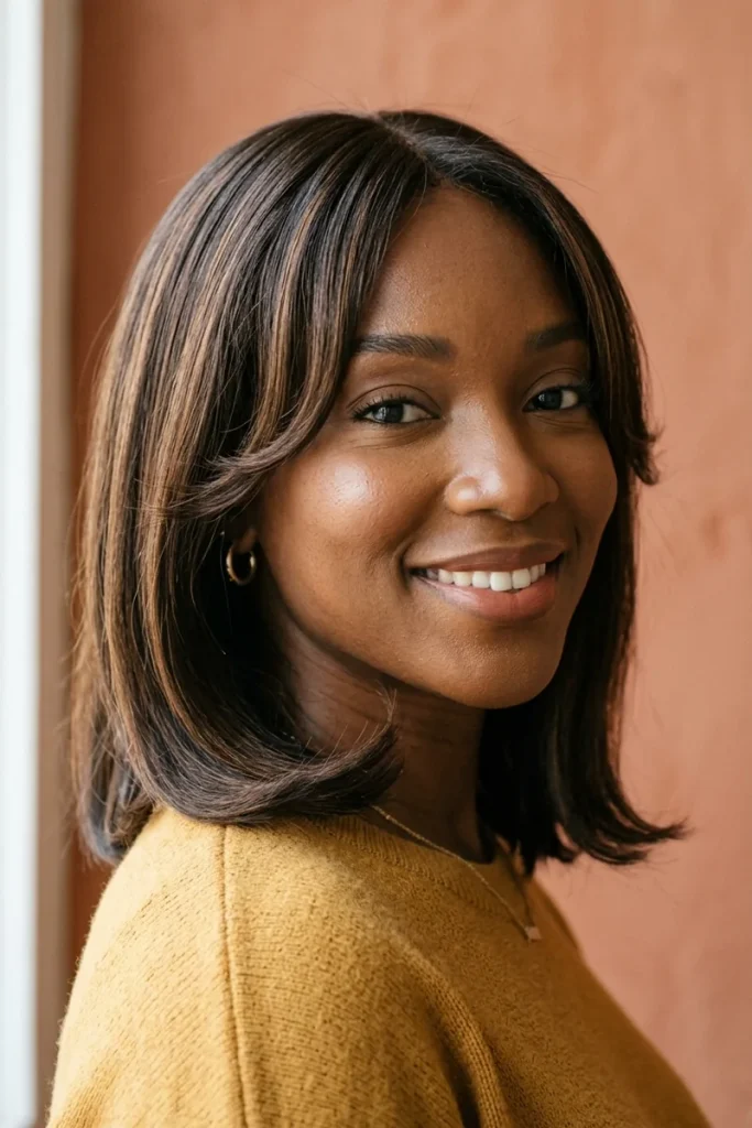 Smiling woman with a shoulder-length silk-pressed dark brown lob with caramel highlights and curtain bangs sweeping away from her face