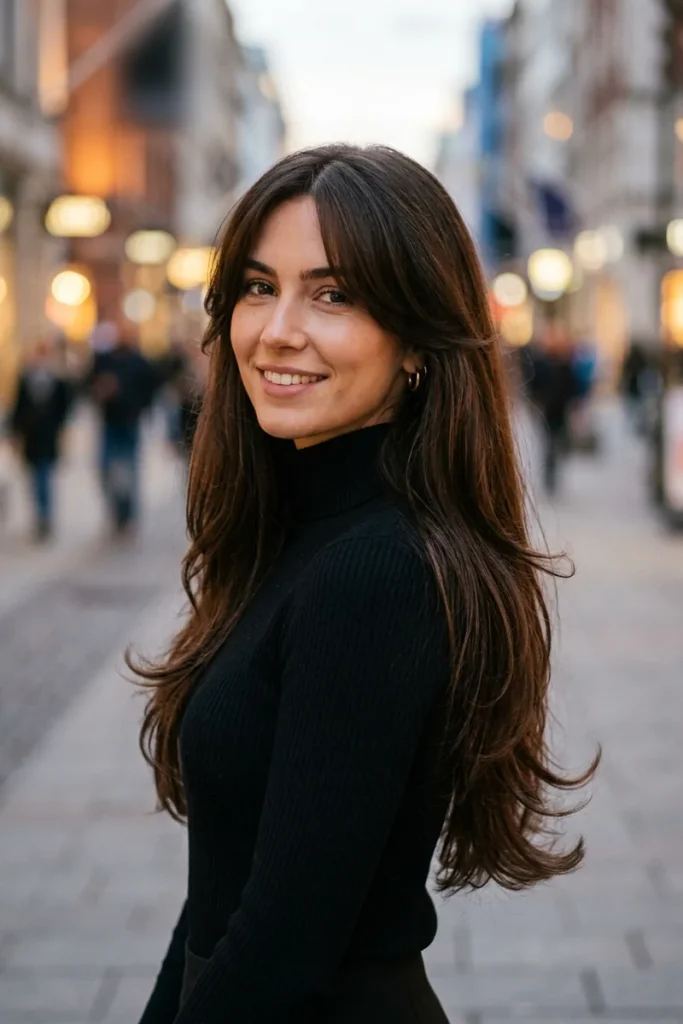 Smiling woman with long dark brown layered hair and center-parted curtain bangs blending into face-framing layers, on a city street at dusk