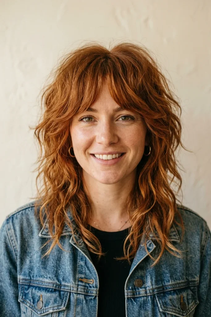 Smiling woman with a copper shag haircut, choppy layers with crown volume, and textured curtain bangs parted in the center