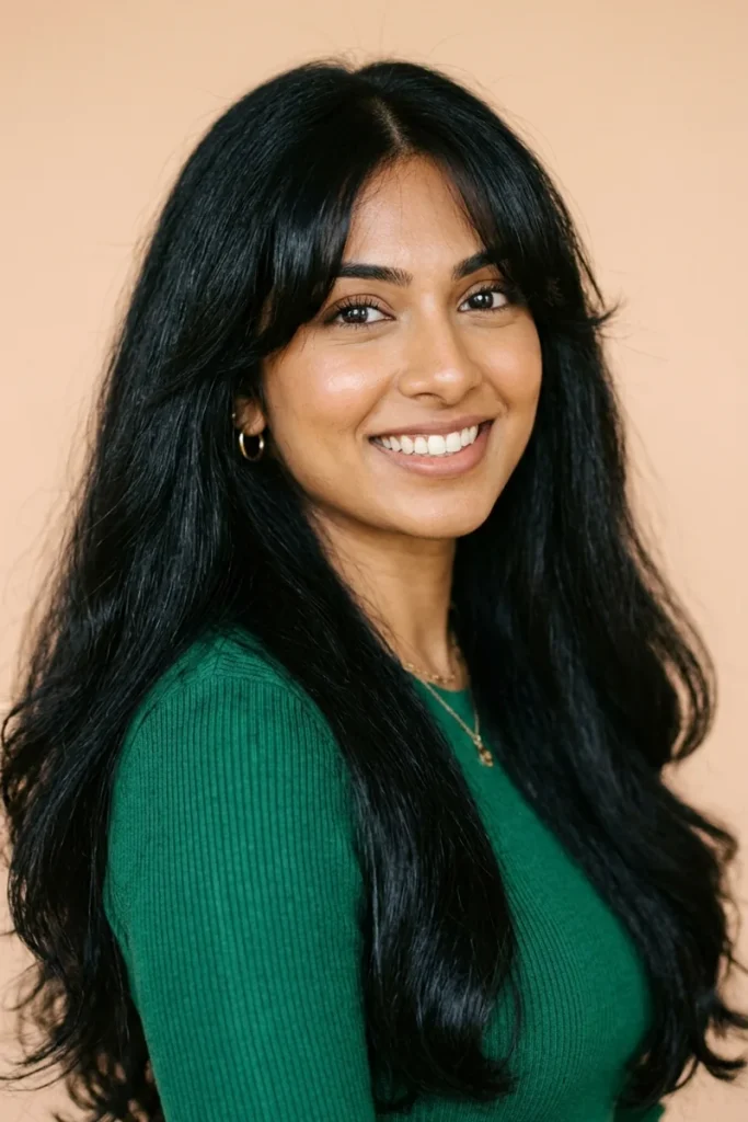 Smiling woman with very thick, long glossy black hair and light, textured curtain bangs parted in the center