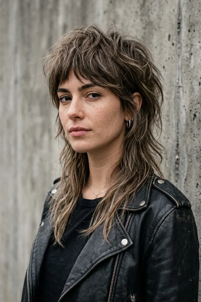 Woman with an ash brown wolf cut, choppy volume at the crown and long wispy layers at the nape, with short textured bangs blending into the top layers