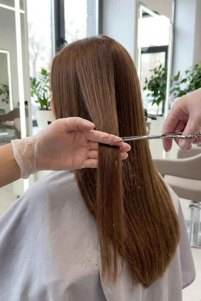 Stylist holding a section of long chestnut hair between her fingers and snipping a small amount, with tiny clipped hairs on the salon cape