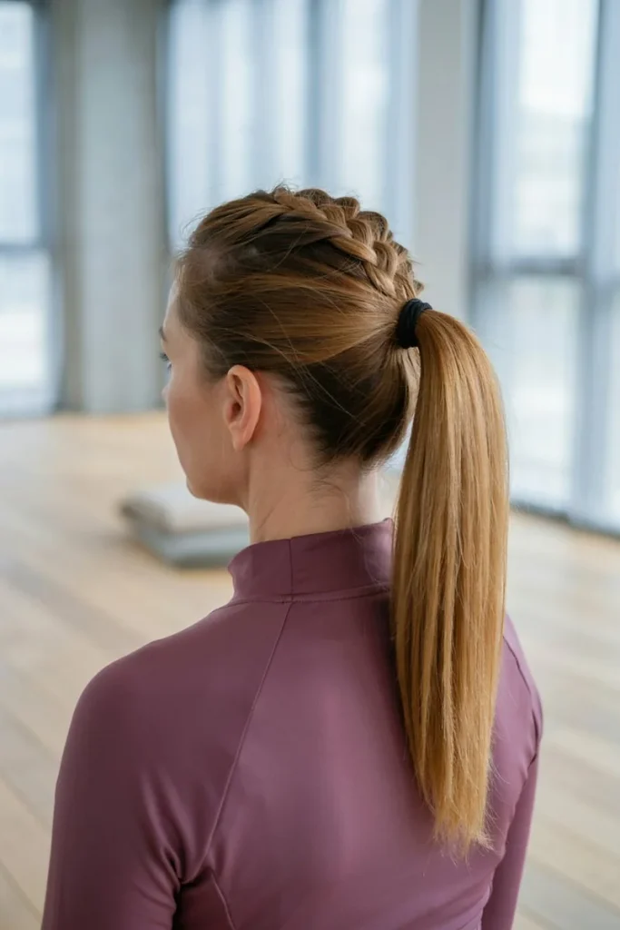 Three-quarter back view of a woman with honey-blonde hair in a raised Dutch braid along the top of her head leading into a high ponytail
