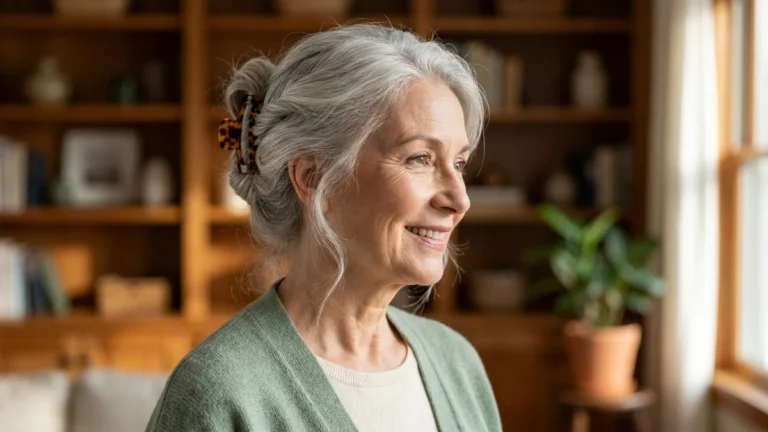 Smiling woman in her 60s with silver hair in an easy claw clip twist, wearing a sage cardigan at home