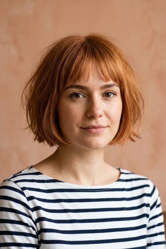 Woman with fine copper hair in a soft French bob with light, narrow bangs skimming her eyebrows