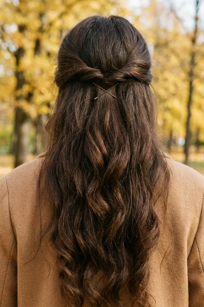 Textured half-up twist with crossed bobby pins on long wavy dark brown second-day hair