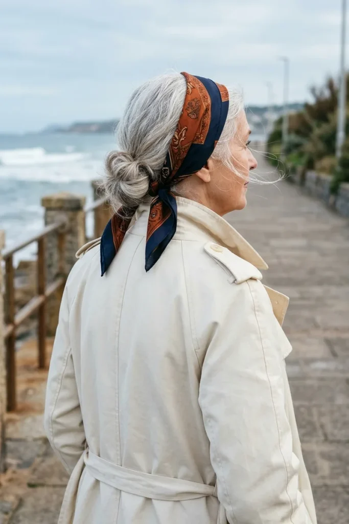 Silk scarf wrap hiding greasy roots on white hair in a low bun, scarf tied at the nape