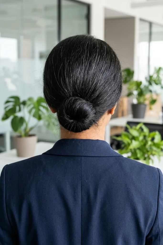 Sleek low bun on long black hair with silver strands, brushed back smoothly for second-day hair