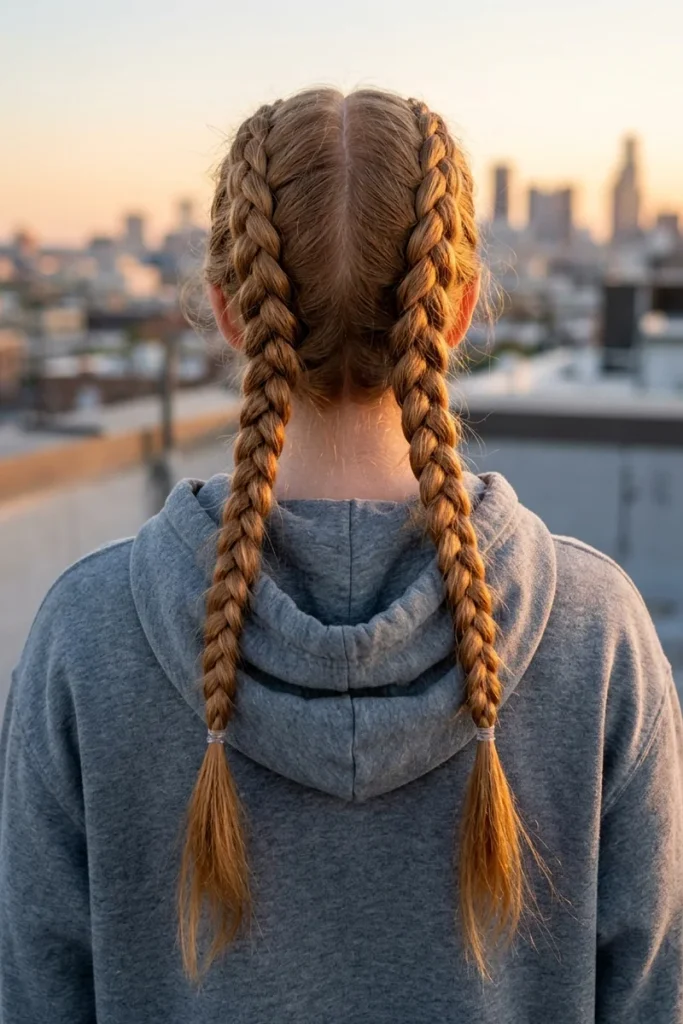 Two raised Dutch braids from hairline to nape on long strawberry-blonde third-day hair