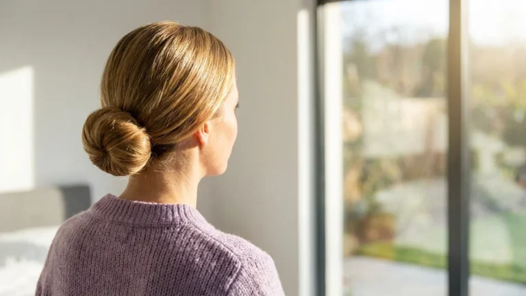 Hairstyles for greasy hair: sleek low bun on smooth blonde hair with a polished shine