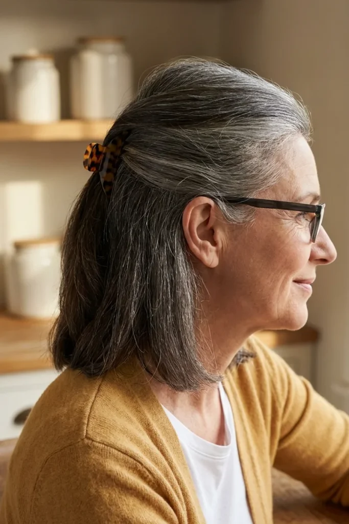 Woman in her 60s with the top section of her hair pulled back in a half-up style and held with a barrette