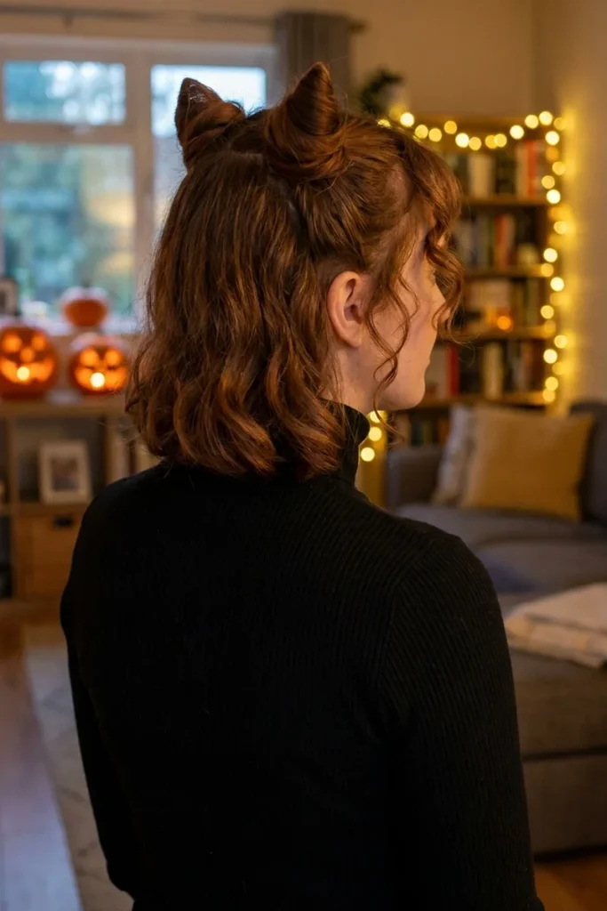 Woman with wavy auburn hair styled in two pointed cat ear buns, back view, in a living room with carved pumpkins and string lights