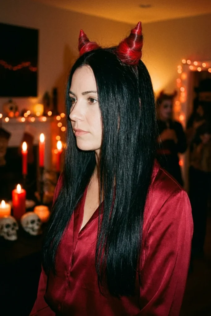 Woman with long straight black hair twisted into two red pointed devil horn buns at the crown, at a candlelit Halloween party