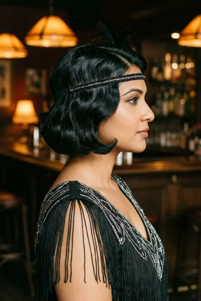 Woman with a black chin-length bob in glossy 1920s finger waves and a beaded headband, side view, wearing a fringed flapper dress in a speakeasy