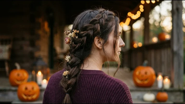 Woman with a loose Dutch braid decorated with dried flowers, side view, on a porch with carved Halloween pumpkins and candles
