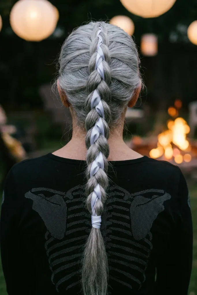 Woman with long silver hair in a center Dutch braid woven with white ribbon like a spine, wearing a skeleton rib-cage top, back view at night