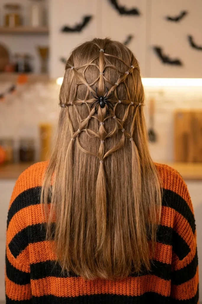 Long light brown hair styled into a spider web pattern with small elastics and a plastic spider, back view, in a Halloween kitchen