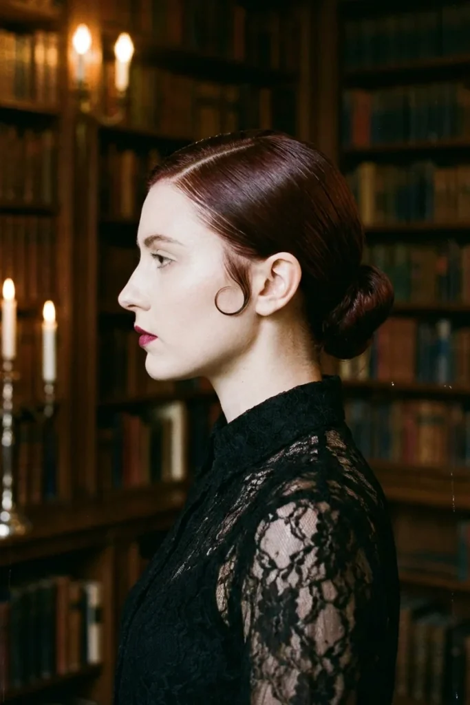 Woman with glossy dark auburn hair slicked into a deep side part, a flat pin curl at the temple and a low bun, side profile in a candlelit library