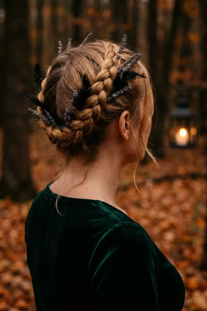 Woman with dark blonde hair in a Dutch braided crown decorated with dried lavender and black feathers, back view, in an autumn forest