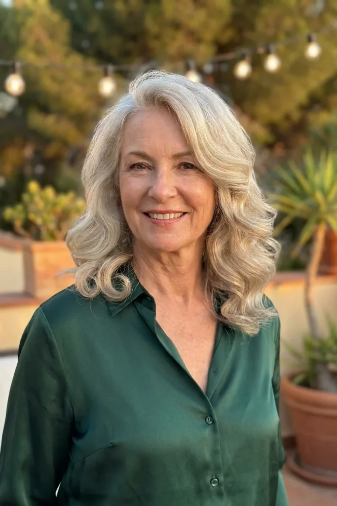 Woman in her 60s with silver-blonde shoulder-length hair in soft hot-roller waves, wearing an emerald silk blouse on an evening terrace