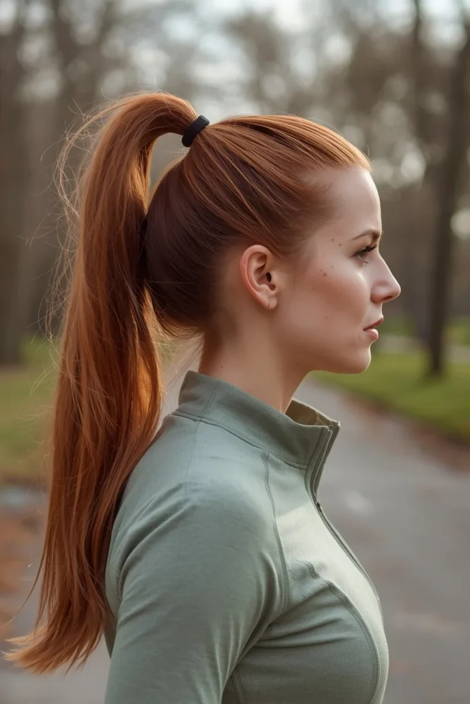 Side profile of a woman with long copper-red hair in a lifted high ponytail at the crown, smooth hair brushed up with no bumps
