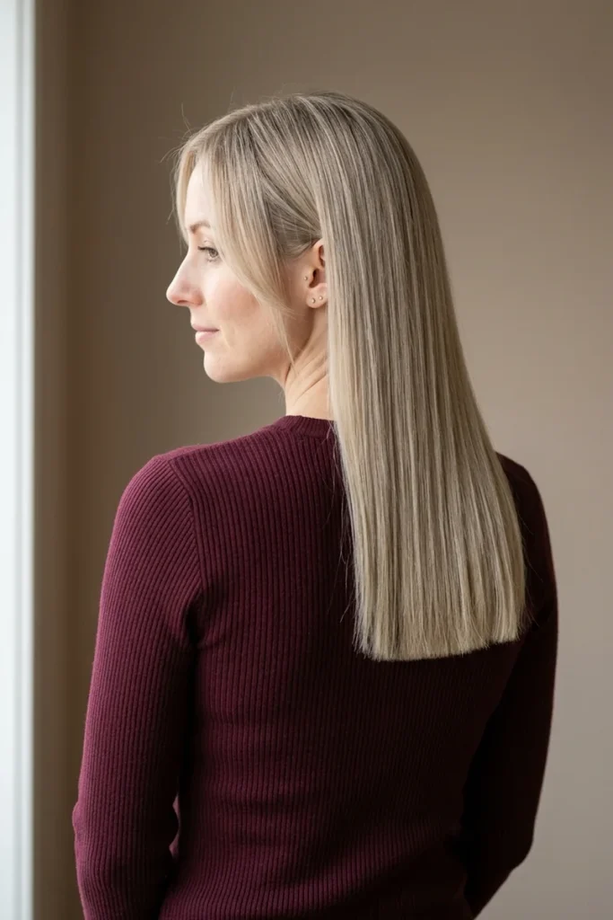 Woman with fine, straight ash-blonde hair worn long with a one-length blunt hemline, seen from behind