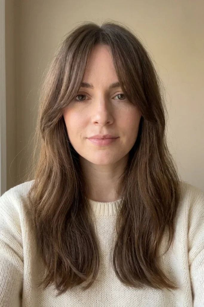 Woman with long brunette hair and long curtain bangs parted in the center, blending into face-framing layers at the jaw