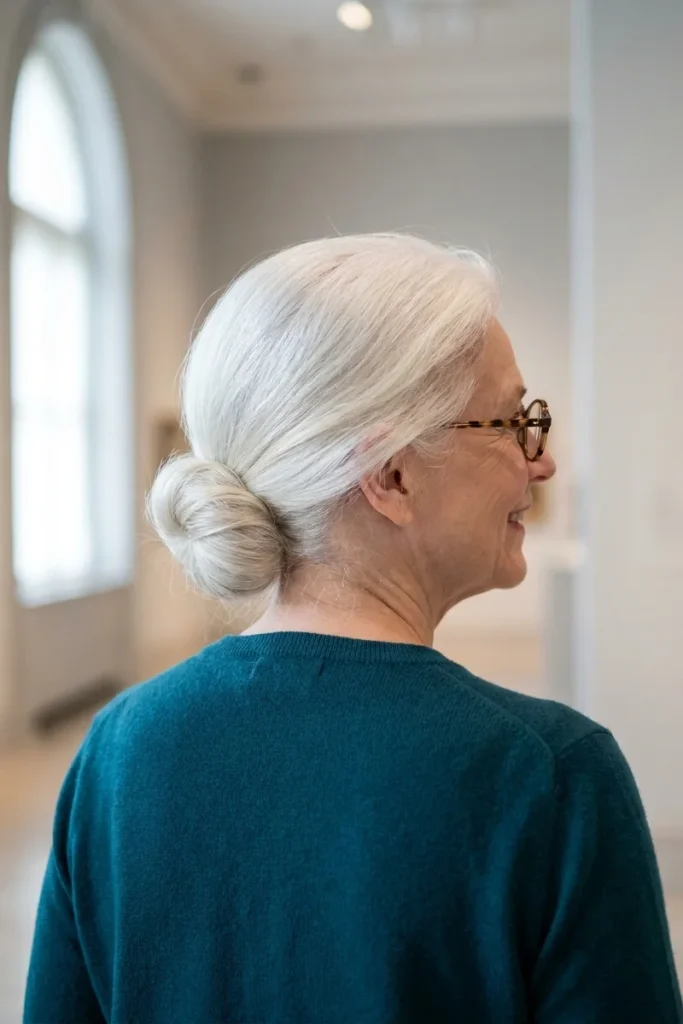 Woman in her 60s with white hair in a neat low chignon at the nape, wearing tortoiseshell glasses, seen from behind in a bright hall