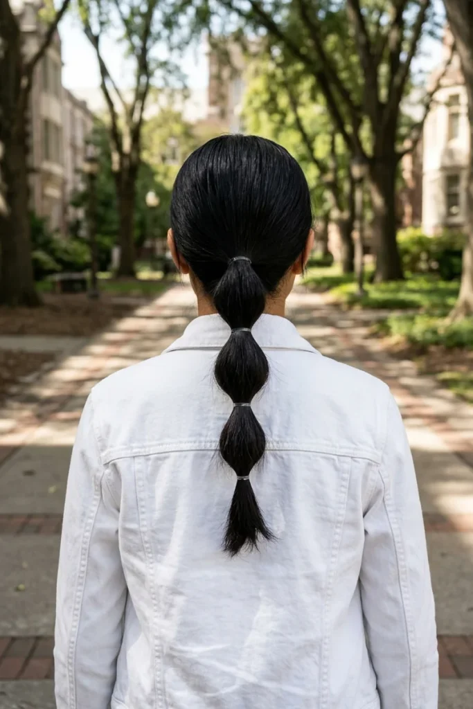 Bubble ponytail on collarbone-length straight black hair with small clear elastics