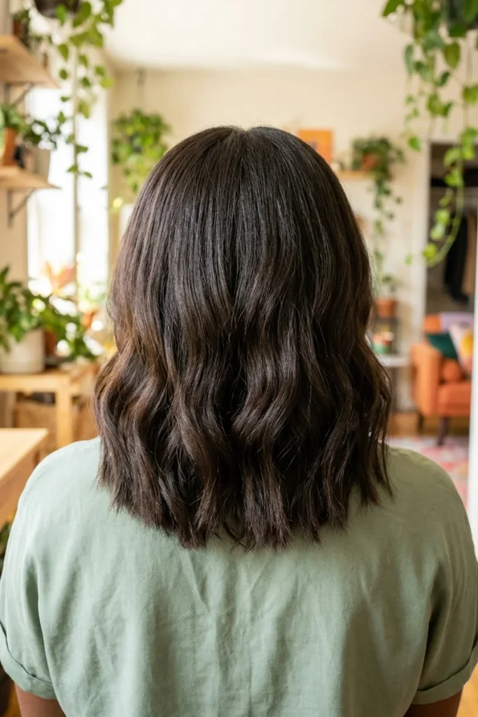 Flat-iron bent waves on collarbone-length dark brown hair with straight ends