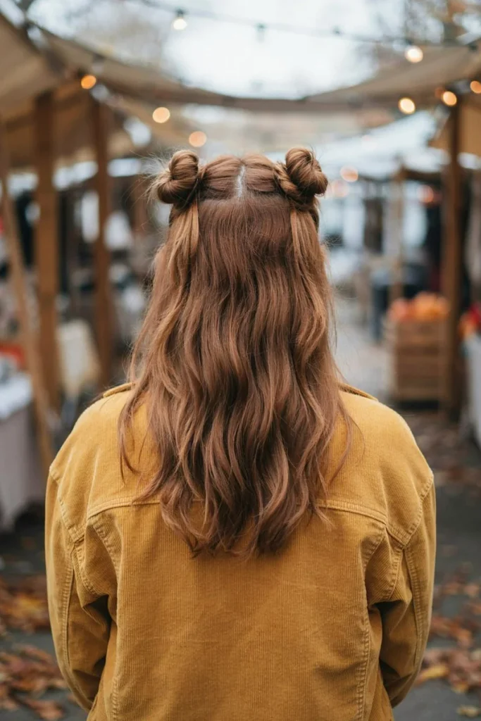 Half-up space buns on wavy chestnut-red medium length hair with a center part
