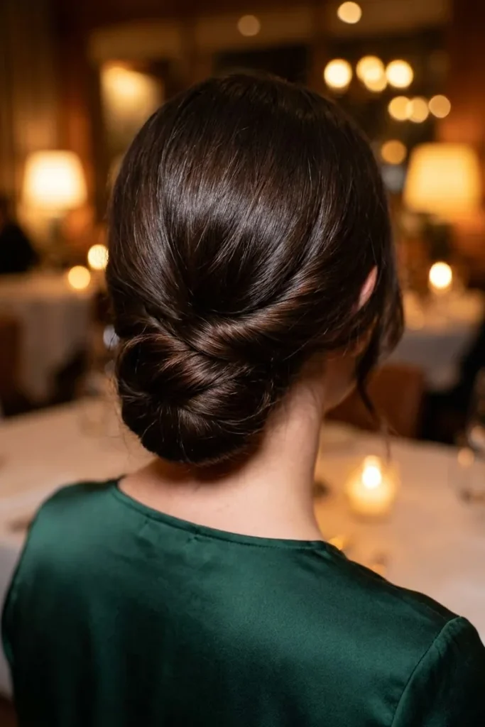 Low chignon with twisted sides on collarbone-length dark brown hair for an evening event